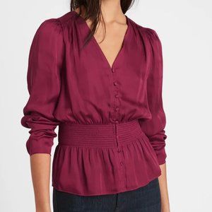 Banana Republic Satin Puff-Sleeve Peplum Top - Maroon - Size XS